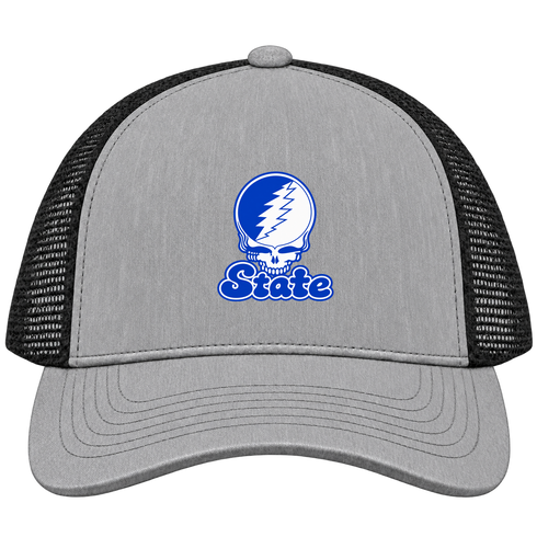 Indiana Stealie Premium Unisex Trucker Cap — Design: Indiana State University — Heather Grey/Black