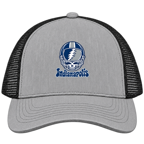 Indianapolis Helmet Stealie Premium Unisex Trucker Cap — Indianapolis Colts — Heather Grey/Black