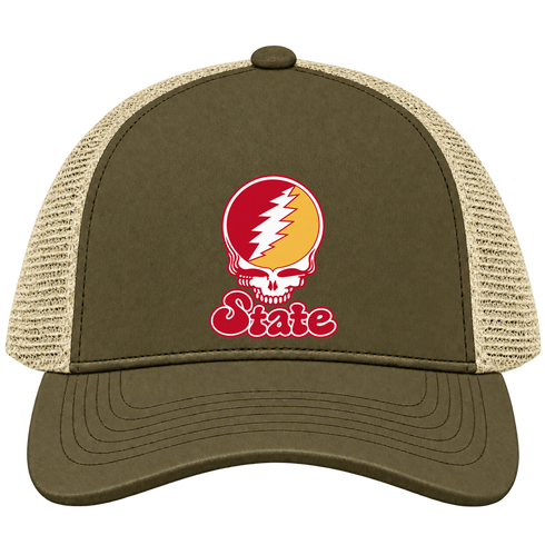 Iowa Stealie Premium Unisex Trucker Cap — Design: Iowa State University — Moss/Khaki