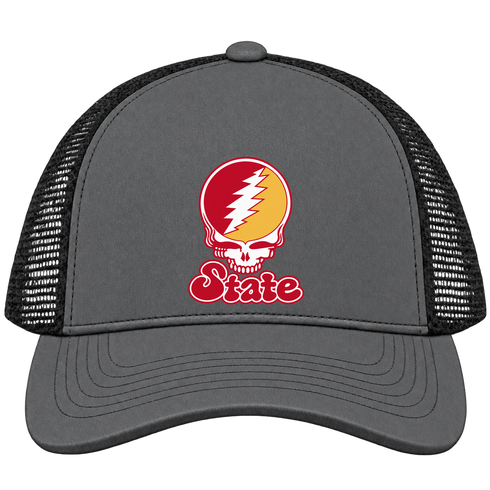 Iowa Stealie Premium Unisex Trucker Cap — Design: Iowa State University — Charcoal/Black