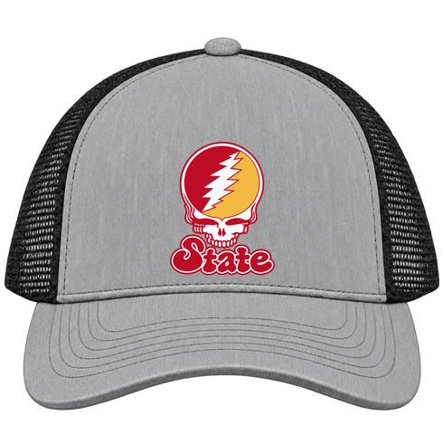 Iowa Stealie Premium Unisex Trucker Cap — Design: Iowa State University — Heather Grey/Black