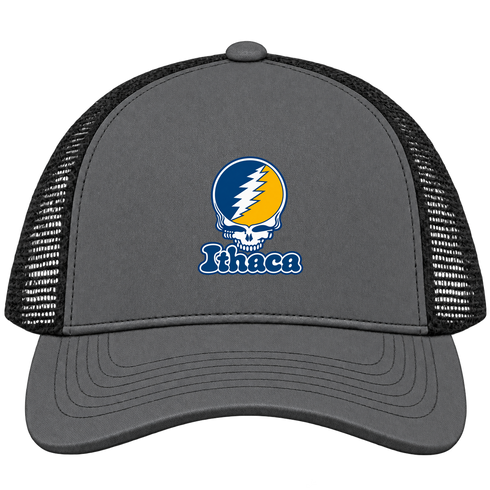Ithaca Stealie Premium Unisex Trucker Cap — Design: Ithaca College — Charcoal/Black