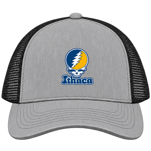 Ithaca Stealie Premium Unisex Trucker Cap — Design: Ithaca College — Heather Grey/Black