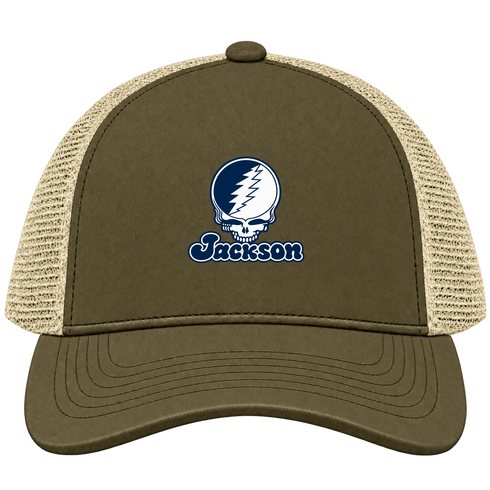 Jackson Stealie Premium Unisex Trucker Cap — Design: Jackson State University — Moss/Khaki
