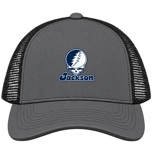 Jackson Stealie Premium Unisex Trucker Cap — Design: Jackson State University — Charcoal/Black