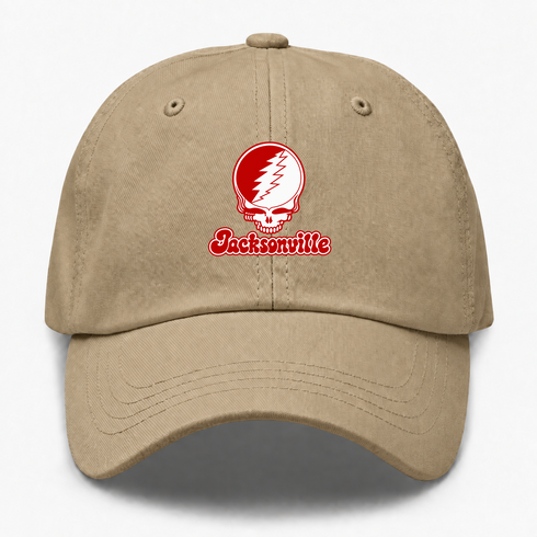 Jacksonville Stealie Premium Unisex Dad Hat — Design: Jacksonville State University — Khaki
