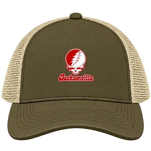 Jacksonville Stealie Premium Unisex Trucker Cap — Design: Jacksonville State University — Moss/Khaki
