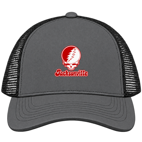 Jacksonville Stealie Premium Unisex Trucker Cap — Design: Jacksonville State University — Charcoal/Black