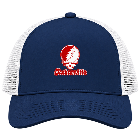 Jacksonville Stealie Premium Unisex Trucker Cap — Design: Jacksonville State University — Navy/White