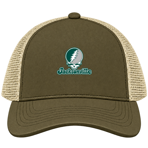 Jacksonville Stealie Premium Unisex Trucker Cap — Design: Jacksonville University — Moss/Khaki