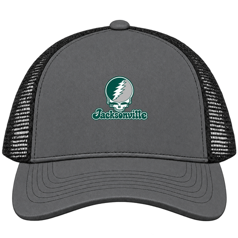 Jacksonville Stealie Premium Unisex Trucker Cap — Design: Jacksonville University — Charcoal/Black