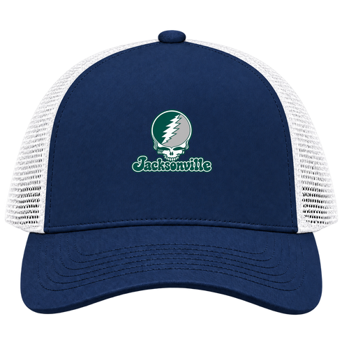 Jacksonville Stealie Premium Unisex Trucker Cap — Design: Jacksonville University — Navy/White