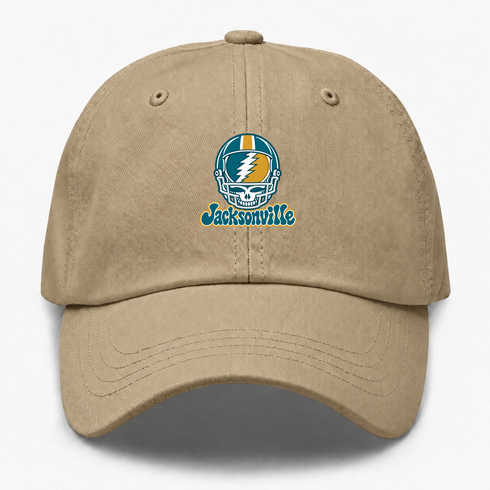 Jacksonville Helmet Stealie Premium Unisex Dad Hat — Jacksonville Jaguars — Khaki