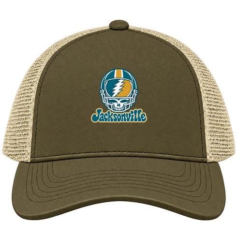 Jacksonville Helmet Stealie Premium Unisex Trucker Cap — Jacksonville Jaguars — Moss/Khaki