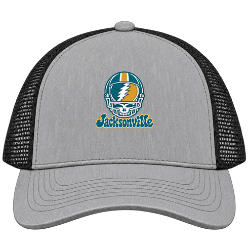 Jacksonville Helmet Stealie Premium Unisex Trucker Cap — Jacksonville Jaguars — Heather Grey/Black