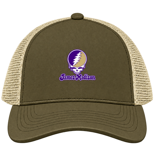 James Madison Stealie Premium Unisex Trucker Cap — Design: James Madison University — Moss/Khaki
