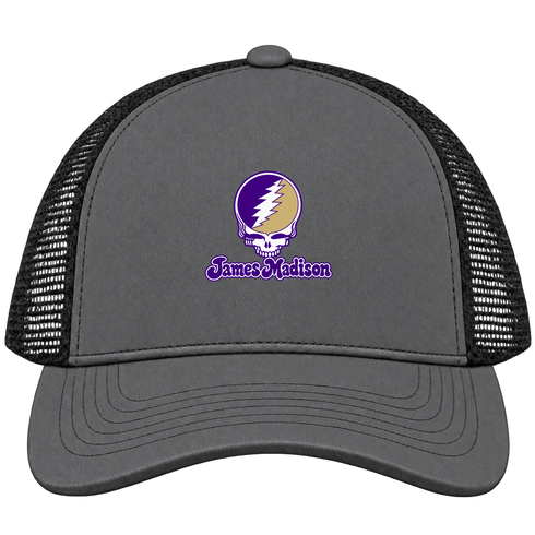 James Madison Stealie Premium Unisex Trucker Cap — Design: James Madison University — Charcoal/Black