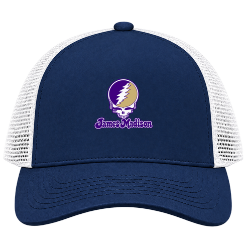 James Madison Stealie Premium Unisex Trucker Cap — Design: James Madison University — Navy/White