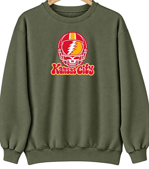Kansas City Helmet Stealie Premium Unisex Crewneck — Kansas City Chiefs — Military Green