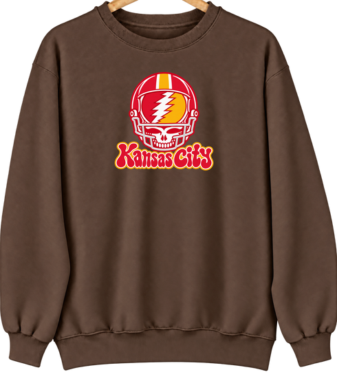 Kansas City Helmet Stealie Premium Unisex Crewneck — Kansas City Chiefs — Brown