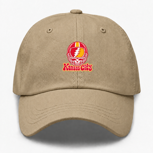 Kansas City Helmet Stealie Premium Unisex Dad Hat — Kansas City Chiefs — Khaki