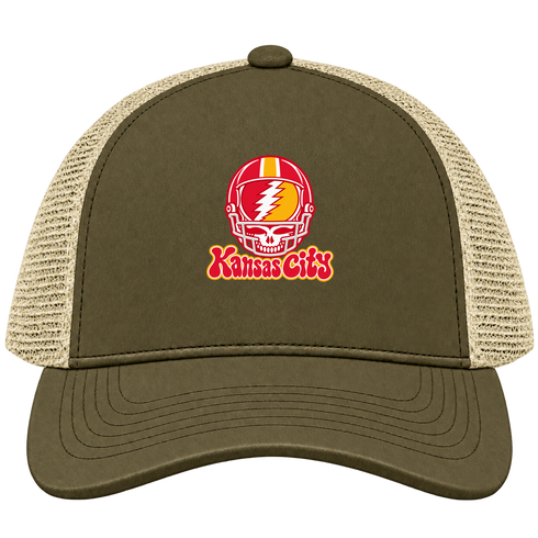 Kansas City Helmet Stealie Premium Unisex Trucker Cap — Kansas City Chiefs — Moss/Khaki