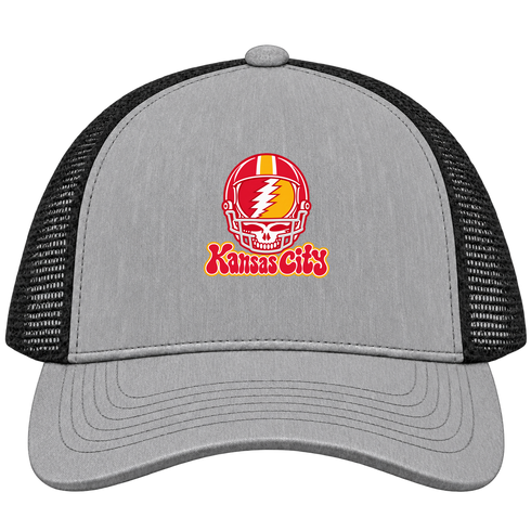 Kansas City Helmet Stealie Premium Unisex Trucker Cap — Kansas City Chiefs — Heather Grey/Black