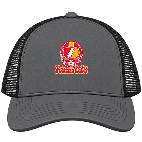 Kansas City Helmet Stealie Premium Unisex Trucker Cap — Kansas City Chiefs — Charcoal/Black