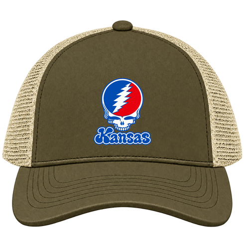 Kansas Stealie Premium Unisex Trucker Cap — Design: Kansas University of — Moss/Khaki