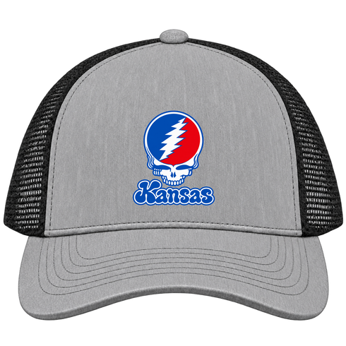 Kansas Stealie Premium Unisex Trucker Cap — Design: Kansas University of — Heather Grey/Black