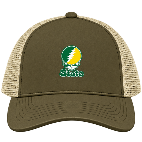 Kentucky Stealie Premium Unisex Trucker Cap — Design: Kentucky State University — Moss/Khaki