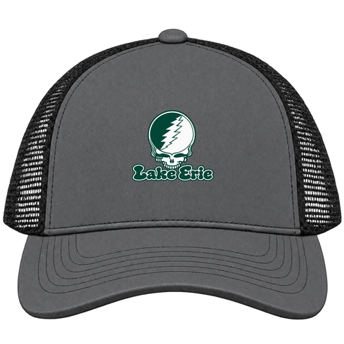 Lake Erie Stealie Premium Unisex Trucker Cap — Design: Lake Erie College — Charcoal/Black