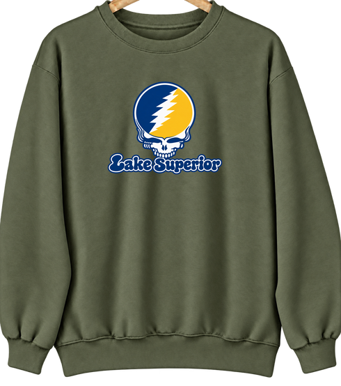 Lake Superior Stealie Premium Unisex Crewneck — Design: Lake Superior State University — Military Green