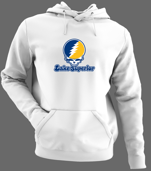 Lake Superior Stealie Premium Unisex Hoodie — Design: Lake Superior State University — White/Grey