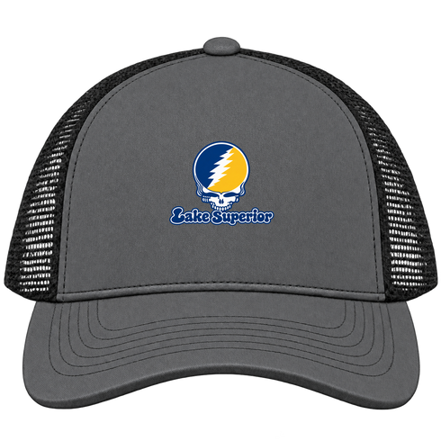 Lake Superior Stealie Premium Unisex Trucker Cap — Design: Lake Superior State University — Charcoal/Black