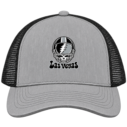 Las Vegas Helmet Stealie Premium Unisex Trucker Cap — Las Vegas Raiders — Heather Grey/Black