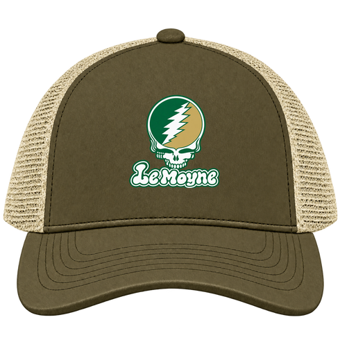 Le Moyne Stealie Premium Unisex Trucker Cap — Design: Le Moyne College — Moss/Khaki
