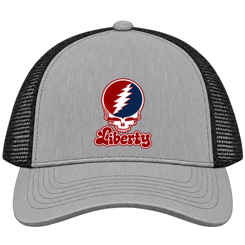 Liberty Stealie Premium Unisex Trucker Cap — Design: Liberty University — Heather Grey/Black