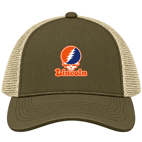 Lincoln Stealie Premium Unisex Trucker Cap — Design: Lincoln University (PA) — Moss/Khaki