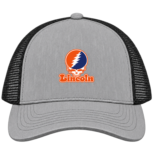 Lincoln Stealie Premium Unisex Trucker Cap — Design: Lincoln University (PA) — Heather Grey/Black