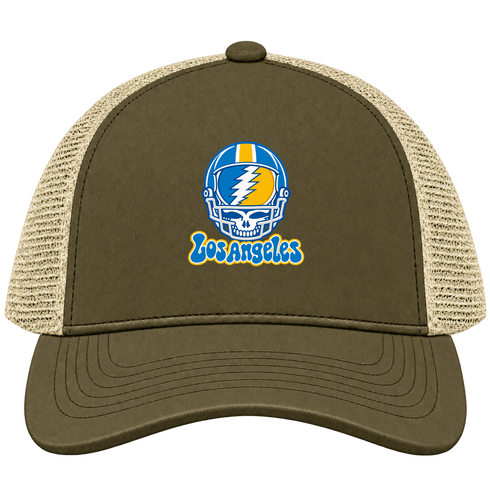 Los Angeles Helmet Stealie Premium Unisex Trucker Cap — Los Angeles Chargers — Moss/Khaki