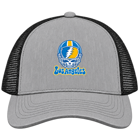 Los Angeles Helmet Stealie Premium Unisex Trucker Cap — Los Angeles Chargers — Heather Grey/Black