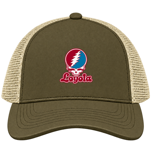 Loyola Stealie Premium Unisex Trucker Cap — Design: Loyola Marymount University — Moss/Khaki