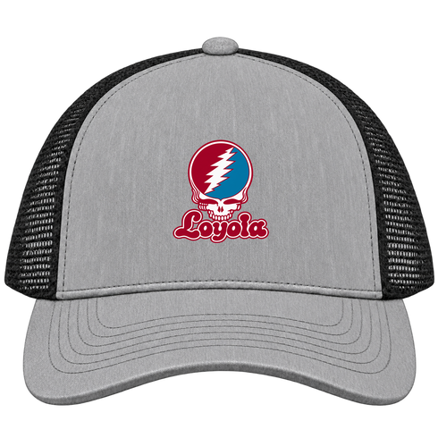 Loyola Stealie Premium Unisex Trucker Cap — Design: Loyola Marymount University — Heather Grey/Black