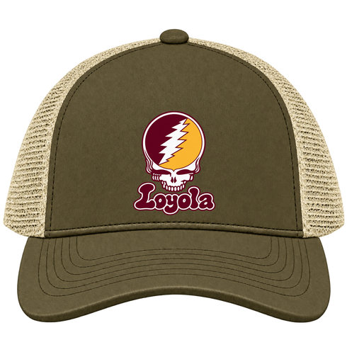 Loyola Stealie Premium Unisex Trucker Cap — Design: Loyola University Chicago — Moss/Khaki