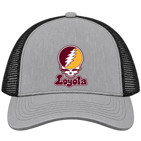 Loyola Stealie Premium Unisex Trucker Cap — Design: Loyola University Chicago — Heather Grey/Black
