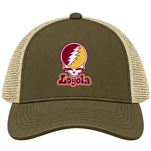 Loyola Stealie Premium Unisex Trucker Cap — Design: Loyola University — Moss/Khaki