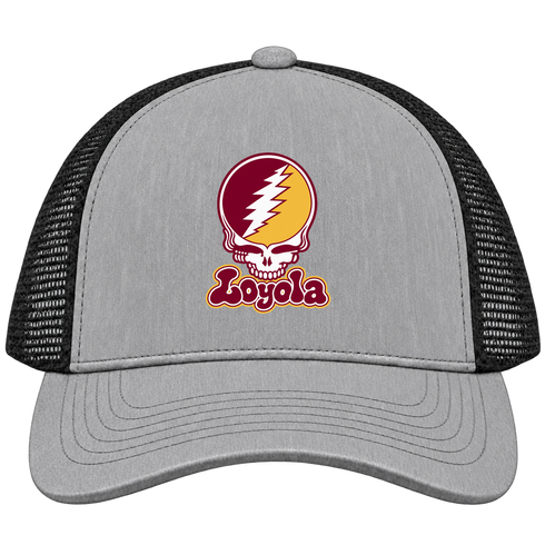 Loyola Stealie Premium Unisex Trucker Cap — Design: Loyola University — Heather Grey/Black