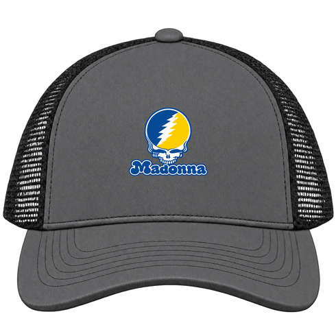 Madonna Stealie Premium Unisex Trucker Cap — Design: Madonna University — Charcoal/Black