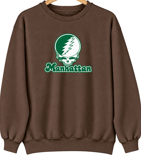 Manhattan Stealie Premium Unisex Crewneck — Design: Manhattan College — Brown
